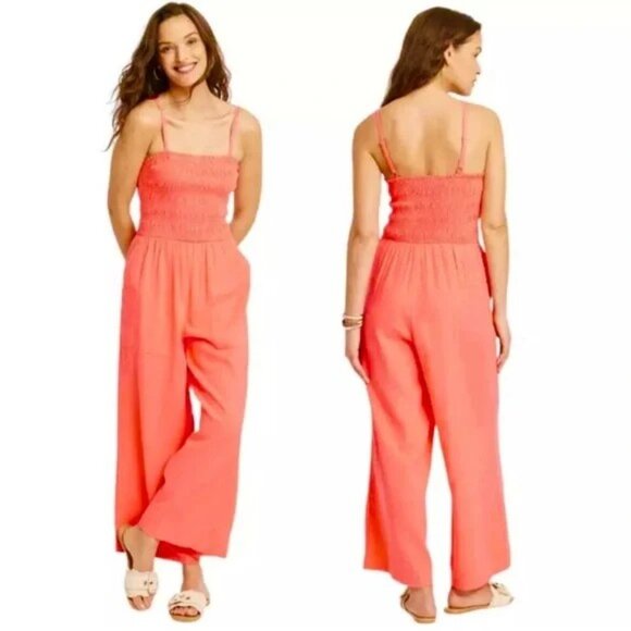 Universal Thread Jumpsuit S Coral/Orange Smocked Linen Blend Pockets - Picture 1 of 8